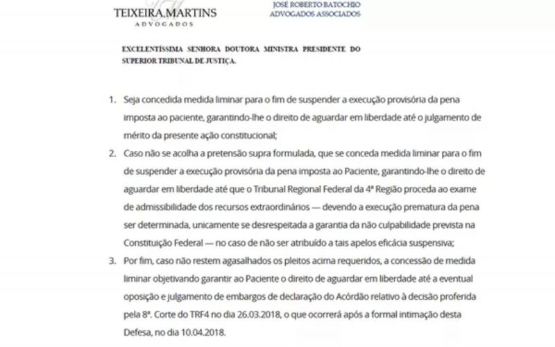 Pedido de habeas corpus da defesa de Lula 